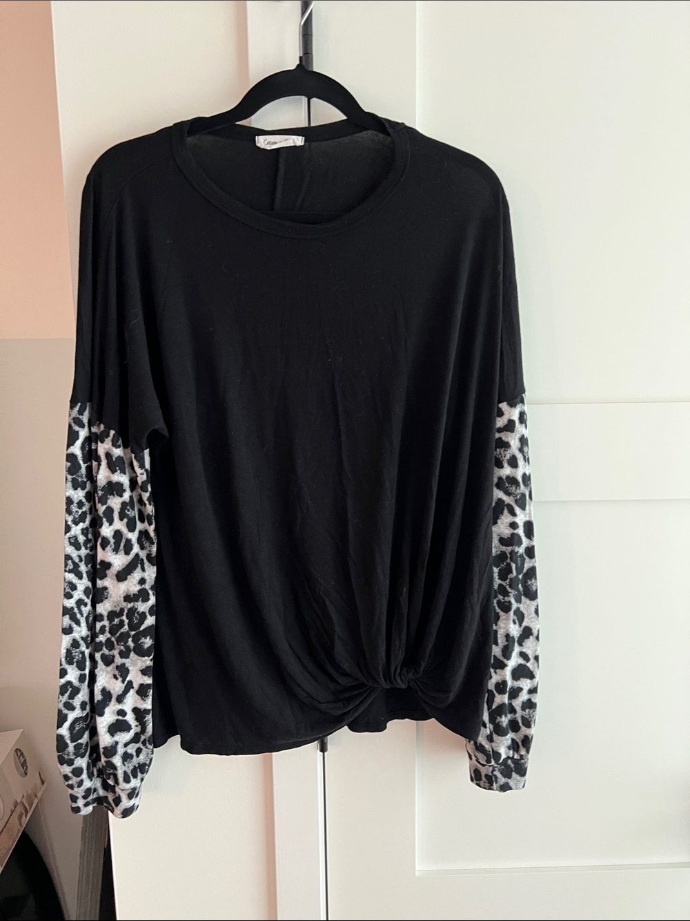 Black Long-Sleeve Top with Leopard Print Sleeves